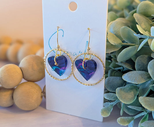 Heart earrings dangle, Valentines day earrings, Valentines gift for her, acrylic earrings, gold earring, alcohol ink earrings, purple teal