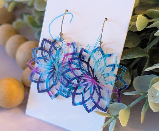 Filagree earrings dangle, Valentines day earrings, Valentines gift for her, acrylic earrings, alcohol ink earrings, purple teal