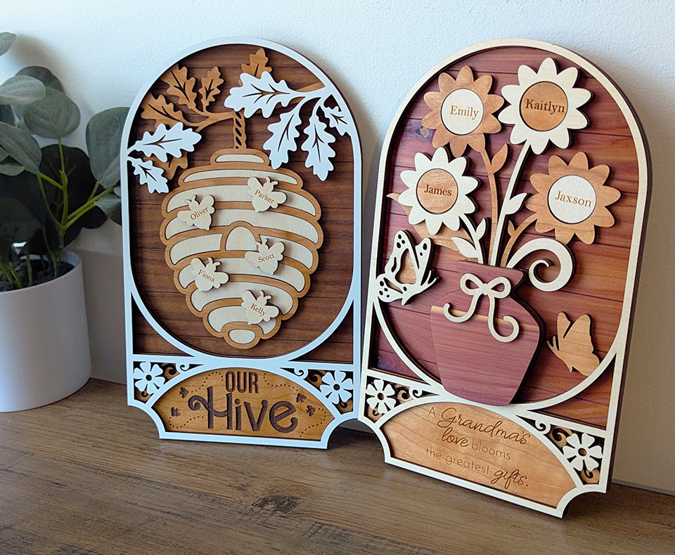 Bee family laser cut sign, Mother's Day personalized gift, kids name sign, bee sign, gift for Grandma, family member name sign, gift for Mom