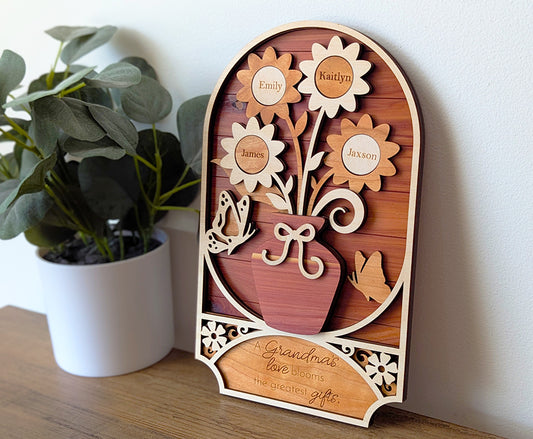 Flower family name art, Mother's Day personalized gift, kids name sign, flower sign, gift for Grandma, family member name sign, gift for Mom