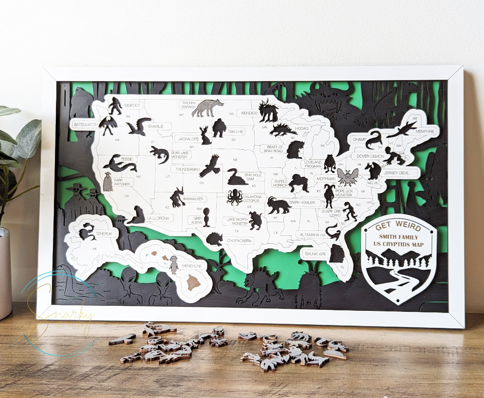 Cryptids travel map, cryptids gifts, mothman, bigfoot gifts, monsters, unique gift, cryptid fans, monsters in America