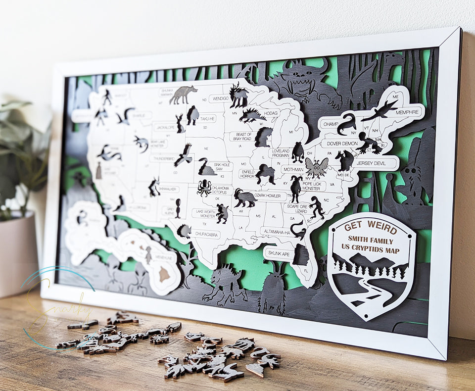 Cryptids travel map, cryptids gifts, mothman, bigfoot gifts, monsters, unique gift, cryptid fans, monsters in America