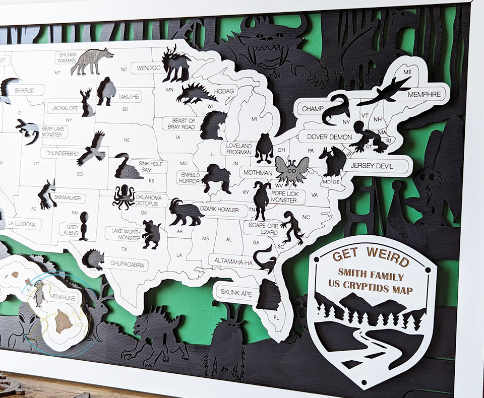 Cryptids travel map, cryptids gifts, mothman, bigfoot gifts, monsters, unique gift, cryptid fans, monsters in America