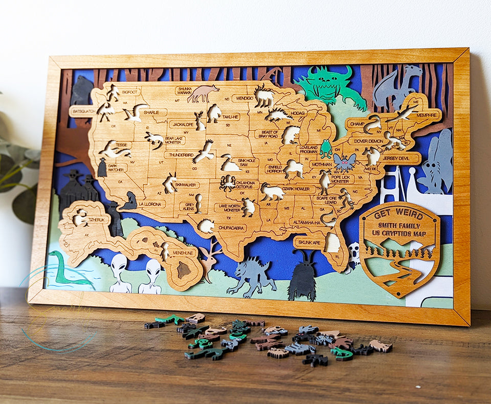 Cryptids travel map, cryptids gifts, mothman, bigfoot gifts, monsters, unique gift, cryptid fans, monsters in America