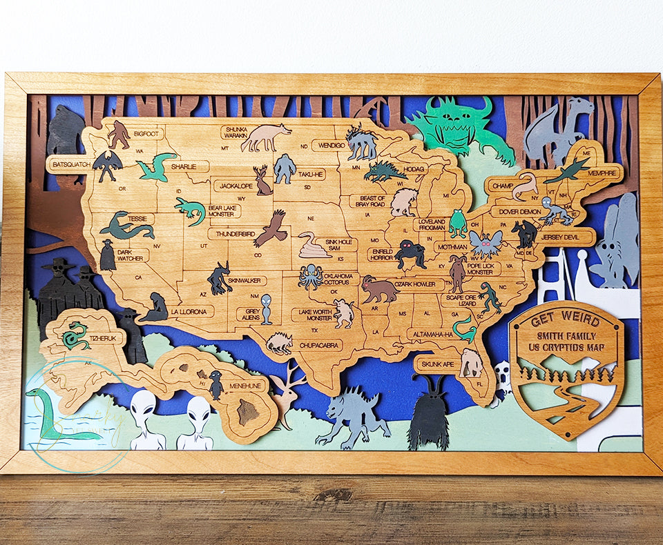 Cryptids travel map, cryptids gifts, mothman, bigfoot gifts, monsters, unique gift, cryptid fans, monsters in America