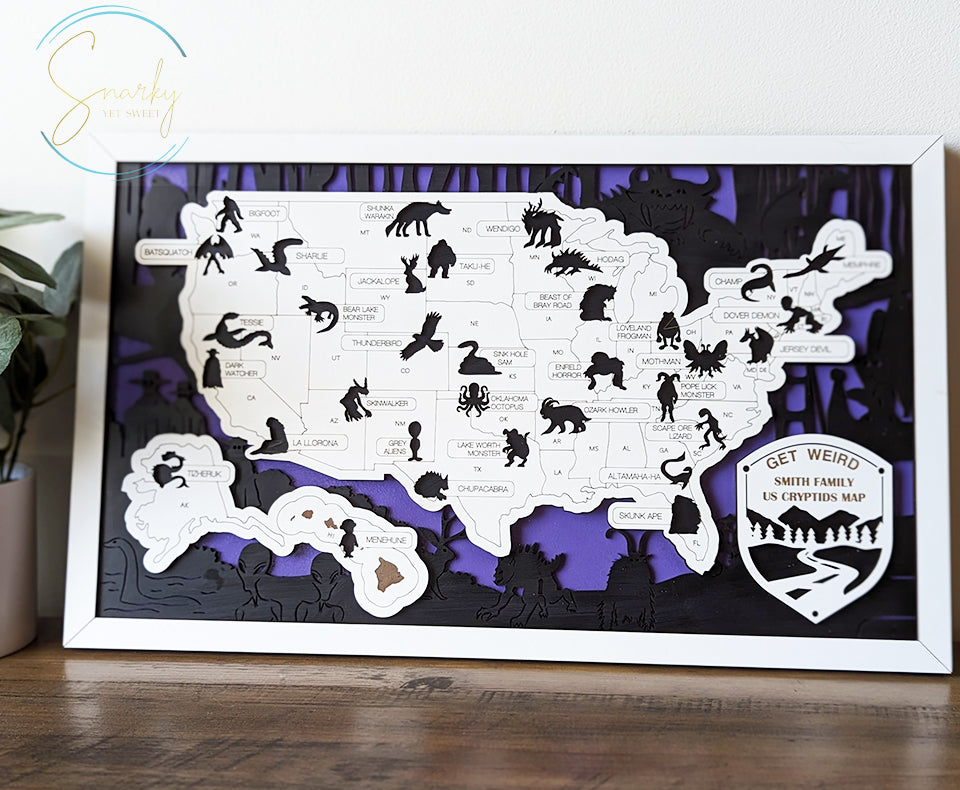 Cryptids travel map, cryptids gifts, mothman, bigfoot gifts, monsters, unique gift, cryptid fans, monsters in America