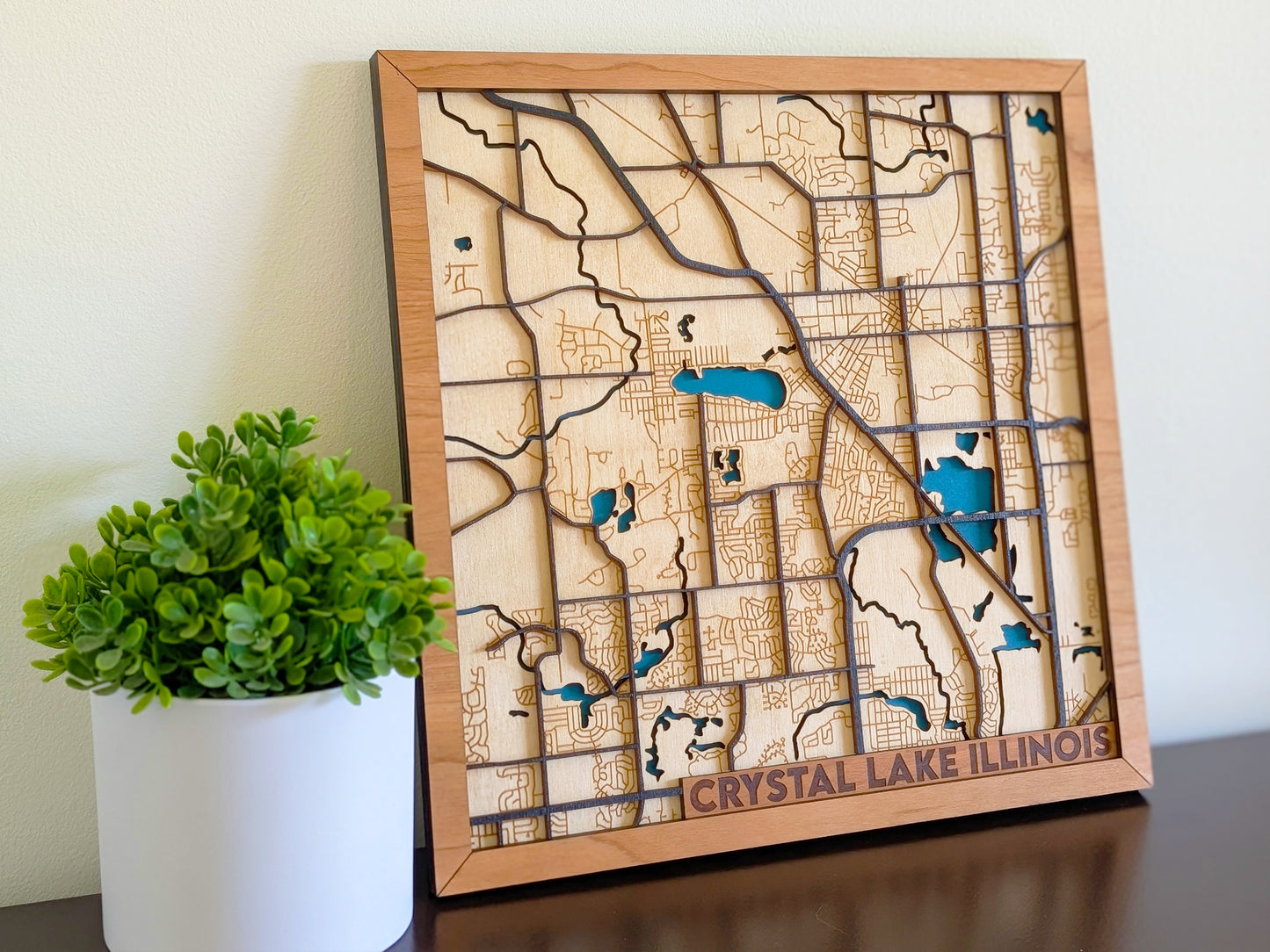 Crystal Lake City Map Wall Art | Detailed Downtown Streets | Layered Wood Map | Personalized Home Decor | Handcrafted 3D City Art