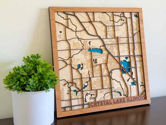 Crystal Lake City Map Wall Art | Detailed Downtown Streets | Layered Wood Map | Personalized Home Decor | Handcrafted 3D City Art