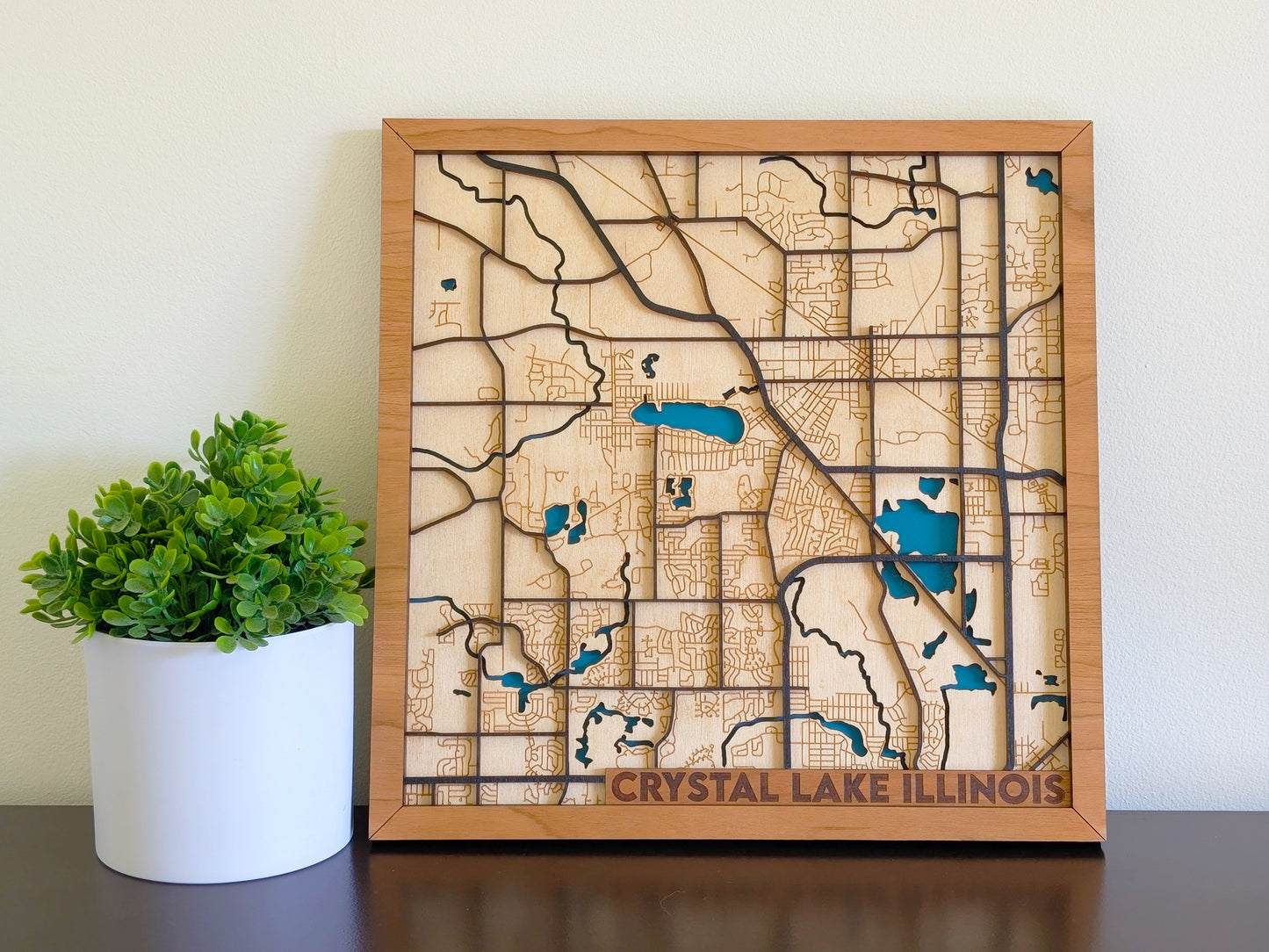 Crystal Lake City Map Wall Art | Detailed Downtown Streets | Layered Wood Map | Personalized Home Decor | Handcrafted 3D City Art