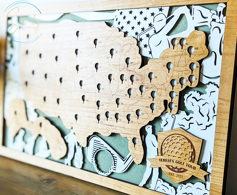 Golf course travel map, golf map, fifty states of golf , travel map, travel home decor, gift for golfer, gifts for dad