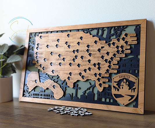 Haunted travel map, ghost tour map, wood travel map, spooky locations map, haunted bucket list, gift for fans of scary things, Halloween map