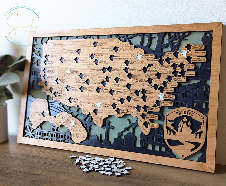 Haunted travel map, ghost tour map, wood travel map, spooky locations map, haunted bucket list, gift for fans of scary things, Halloween map