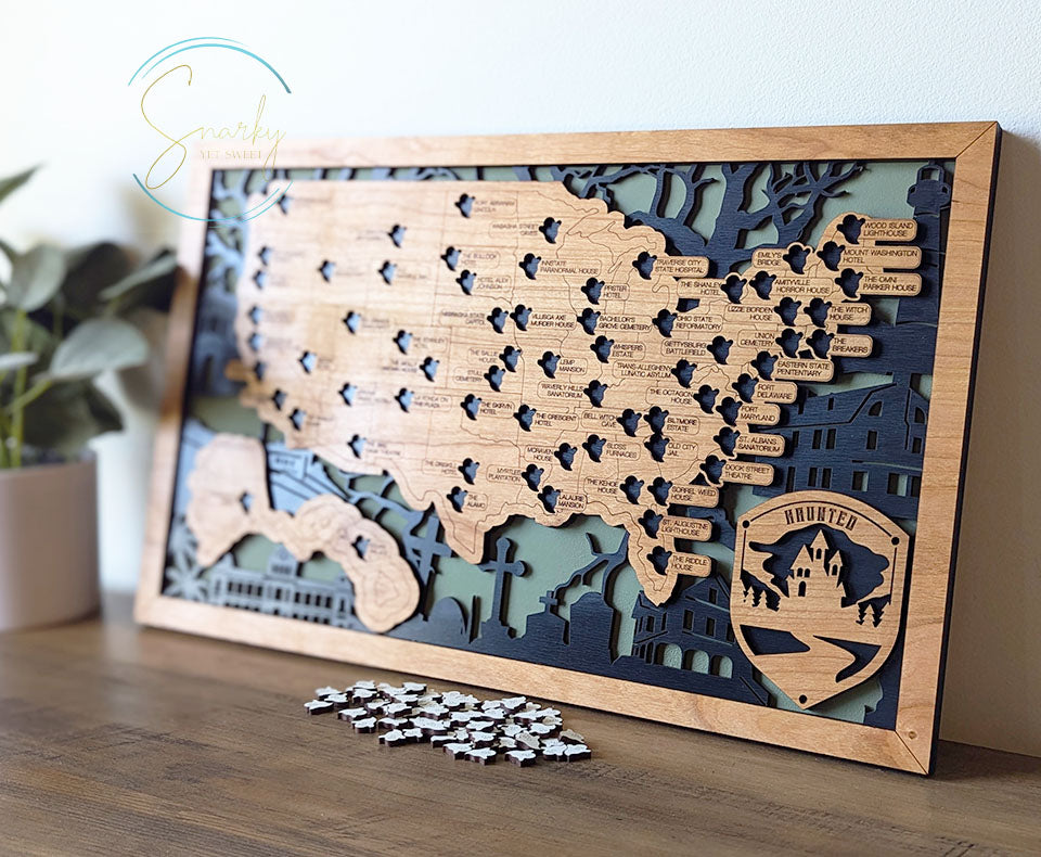 Haunted travel map, ghost tour map, wood travel map, spooky locations map, haunted bucket list, gift for fans of scary things, Halloween map