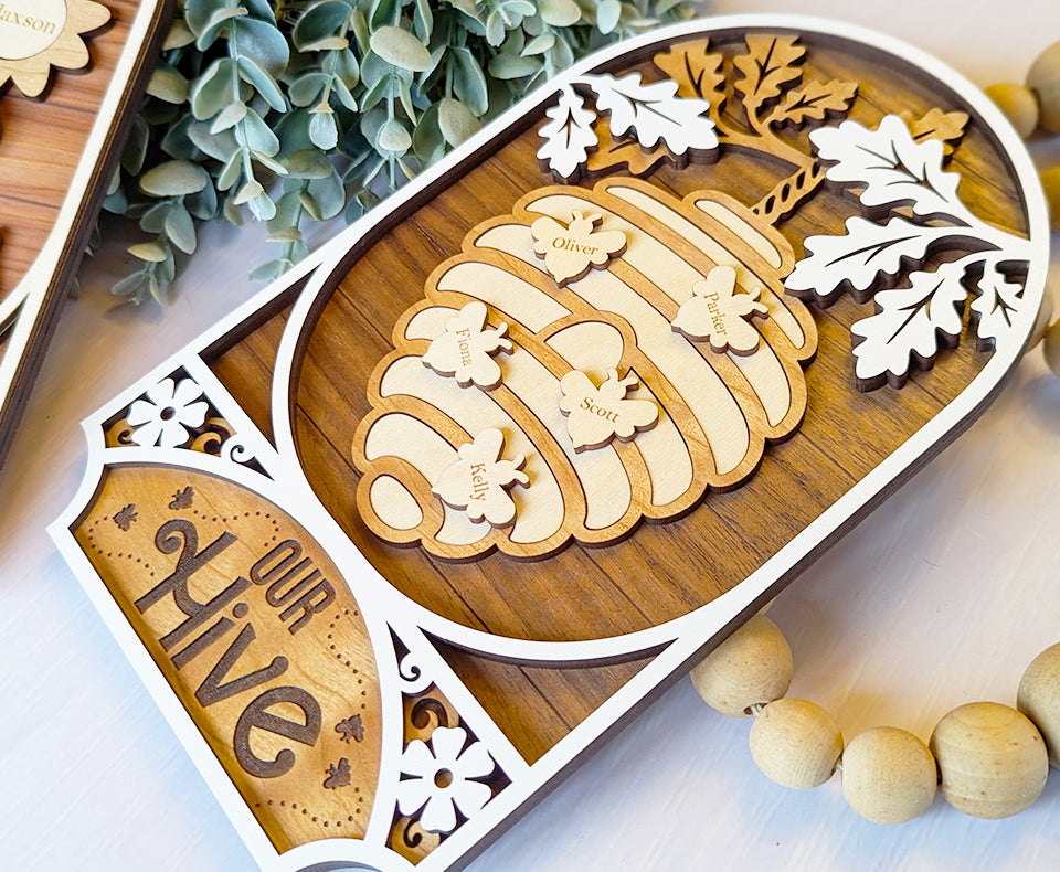 Bee family laser cut sign, Mother's Day personalized gift, kids name sign, bee sign, gift for Grandma, family member name sign, gift for Mom