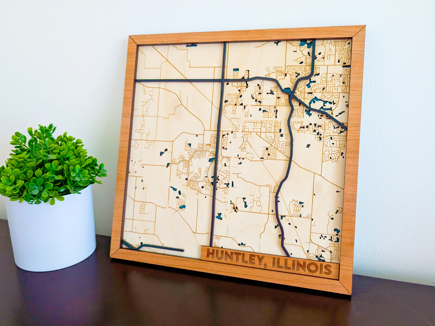 Huntley City Map Wall Art | Detailed Downtown Streets | Layered Wood Map