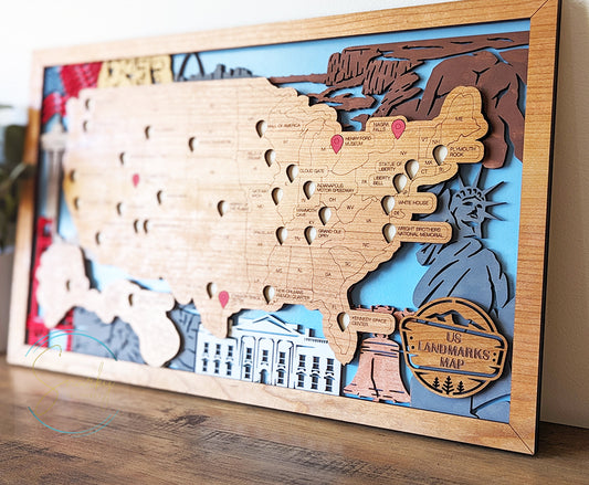 US Landmarks Map, Landmarks bucket list, travel bucket list, travel tracker, gift for hikers, gift for traveler, gift for family vacation