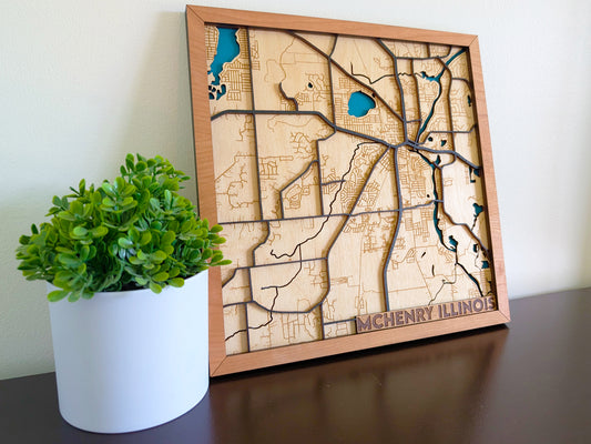 McHenry City Map Wall Art | Detailed Downtown Streets | Layered Wood Map | Personalized Home Decor | Handcrafted 3D City Art | McHenry gift