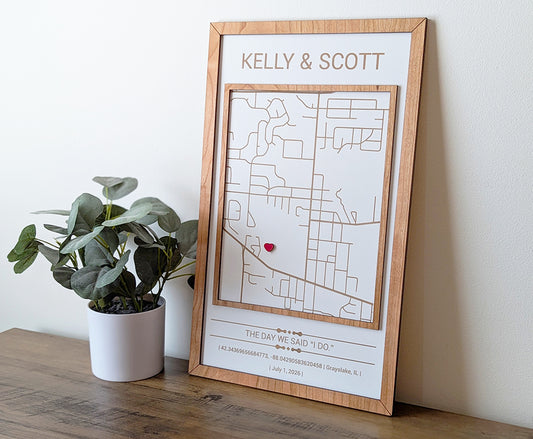 Where we got married map, Milestone Map, new home gift, home street wood map, city map, anniversary gift, wedding gift, wedding map gift