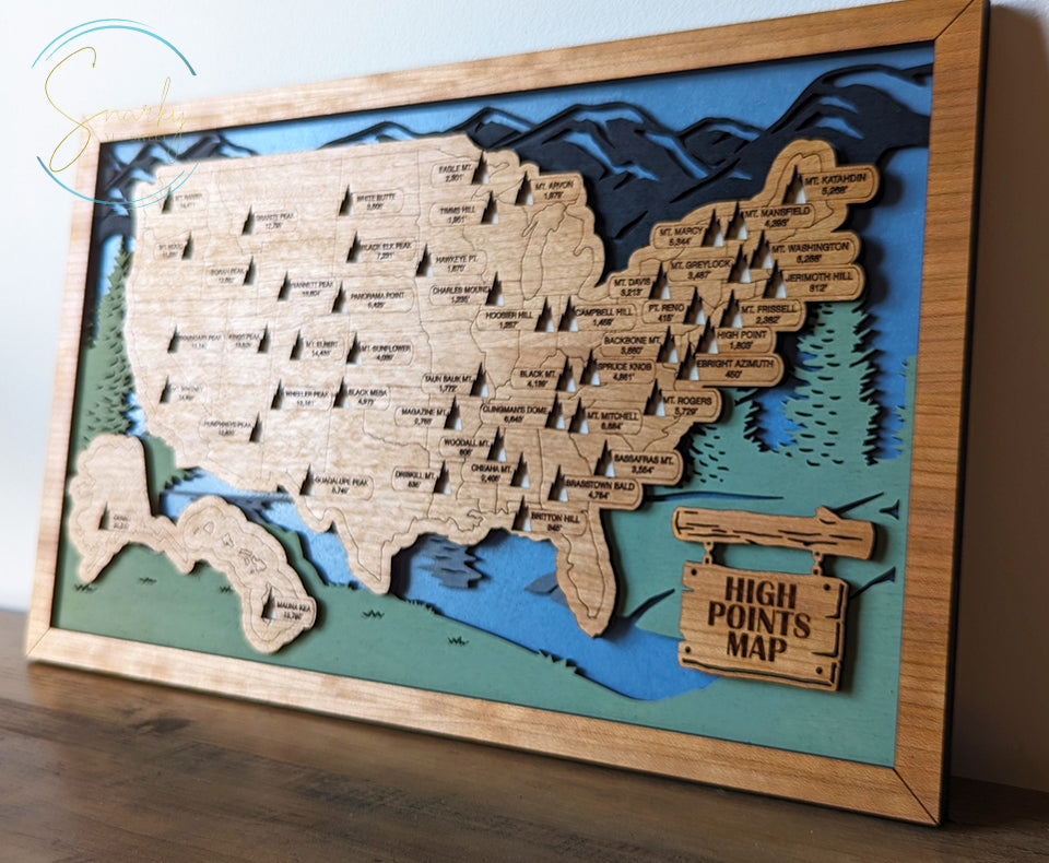 High points map, tallest mountain map, Highest peak state map, travel map, travel home decor, gift for hiker, mountain peaks
