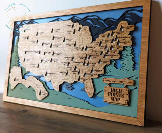 High points map, tallest mountain map, Highest peak state map, travel map, travel home decor, gift for hiker, mountain peaks