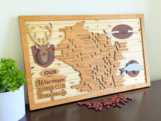Wisconsin Supper Club Map, Supper Club Wisconsin, Retirement gift, foodie gifts, Father's Day gift for grandpa, travel tracker map, cherry