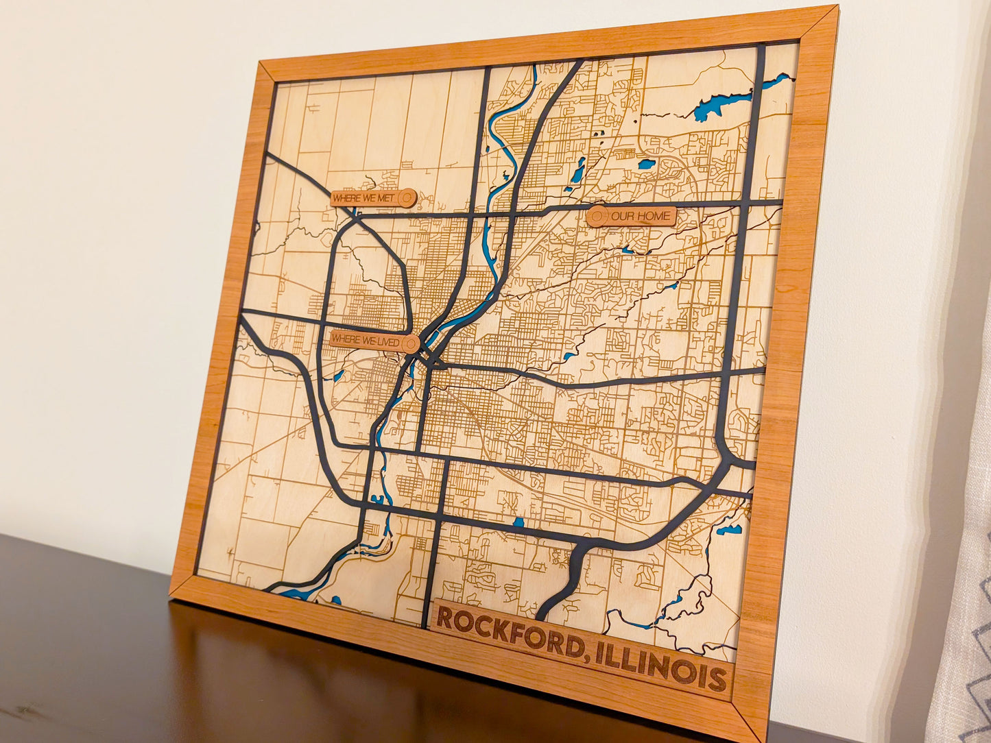 Rockford City Map Wall Art | Detailed Downtown Streets | Layered Wood Map