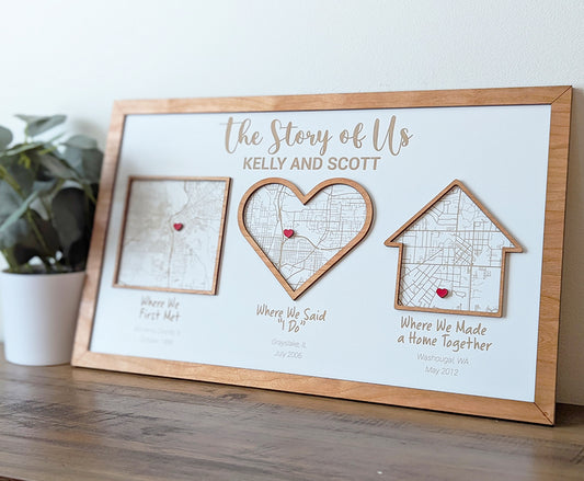 Story of us sign, story of us map, Milestone Map, home street wood map, city map, anniversary gift, wedding gift, mothers day