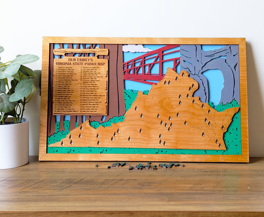Virginia State Park Map, State Parks Marker, US Travel Map, family road trip tracker, bucket list map, gift for hiker, Virginia State Sign