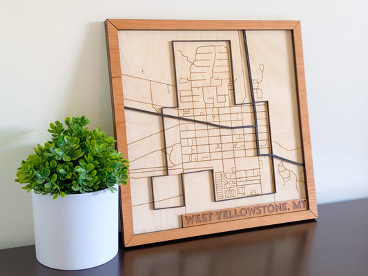 West Yellowstone City Map Wall Art | Detailed Downtown Streets | Layered Wood Map | Personalized Home Decor | Yellowstone Map Gift