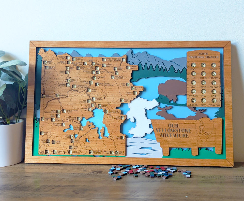 Yellowstone travel map, Yellowstone park gift, Yellowstone decor, national park gift idea, retirement gift for men, wood national park map
