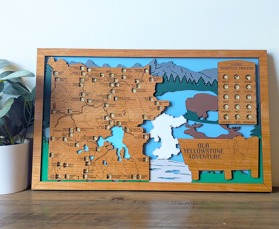 Yellowstone travel map, Yellowstone park gift, Yellowstone decor, national park gift idea, retirement gift for men, wood national park map