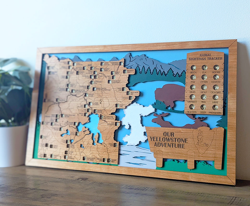 Yellowstone travel map, Yellowstone park gift, Yellowstone decor, national park gift idea, retirement gift for men, wood national park map