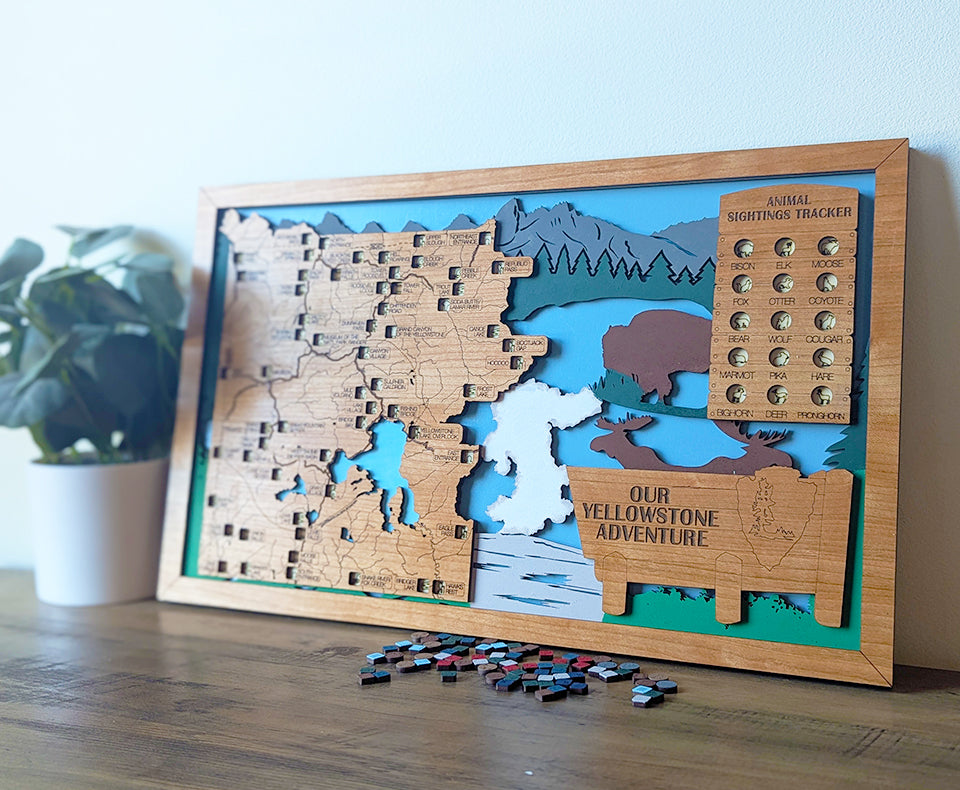 Yellowstone travel map, Yellowstone park gift, Yellowstone decor, national park gift idea, retirement gift for men, wood national park map