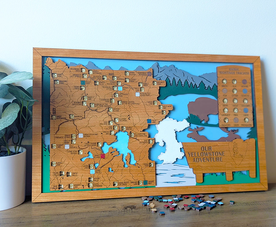 Yellowstone travel map, Yellowstone park gift, Yellowstone decor, national park gift idea, retirement gift for men, wood national park map