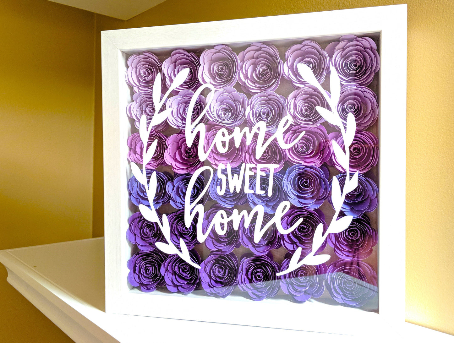 Purple rolled paper flower shadow box home sweet home decor