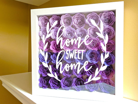 Purple rolled paper flower shadow box home sweet home decor