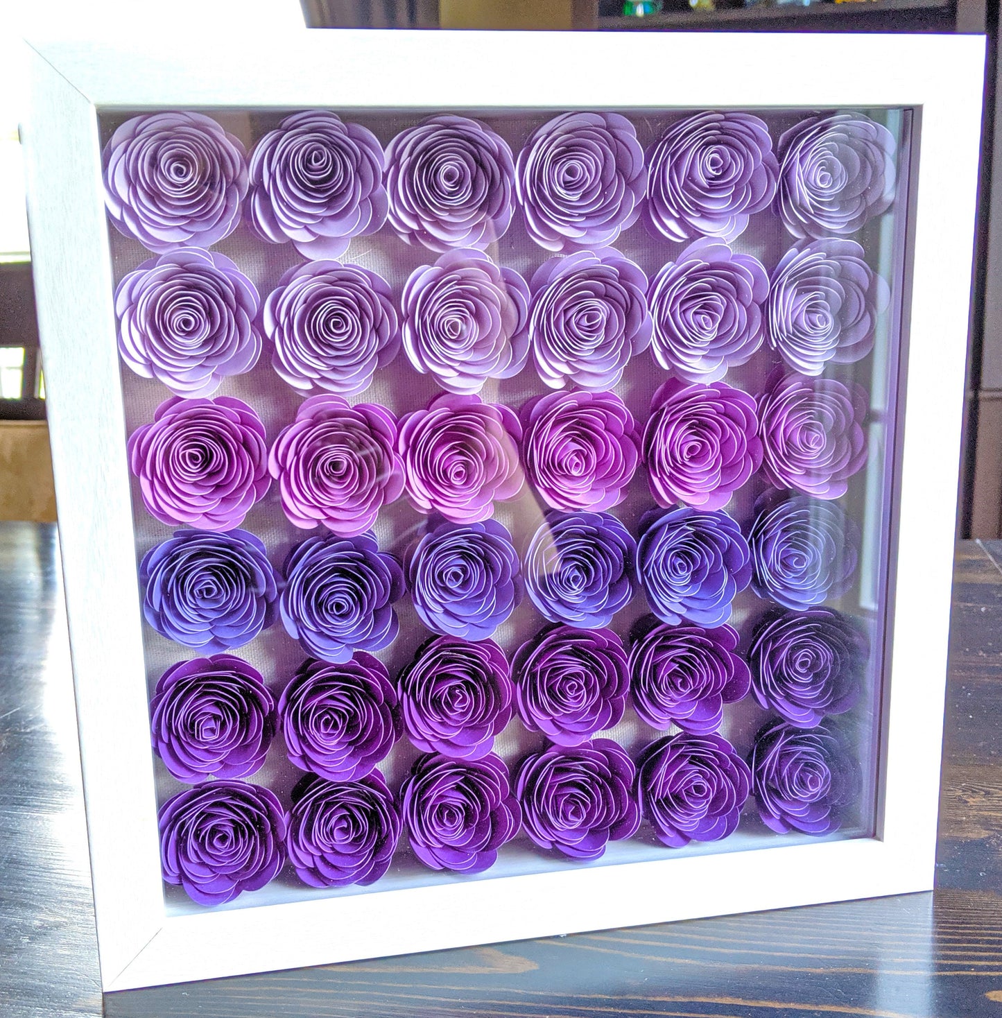 Purple rolled paper flower shadow box peace love joy home decor