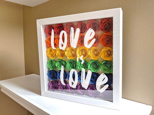 Love is love, LGBTQ rainbow, rolled paper flower shadow box, wall home decor, love is love gift, pride gift, lgbtq gifts for girlfriend