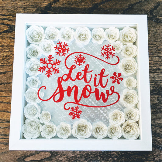 Let it snow rolled paper flower shadow box holiday home decor
