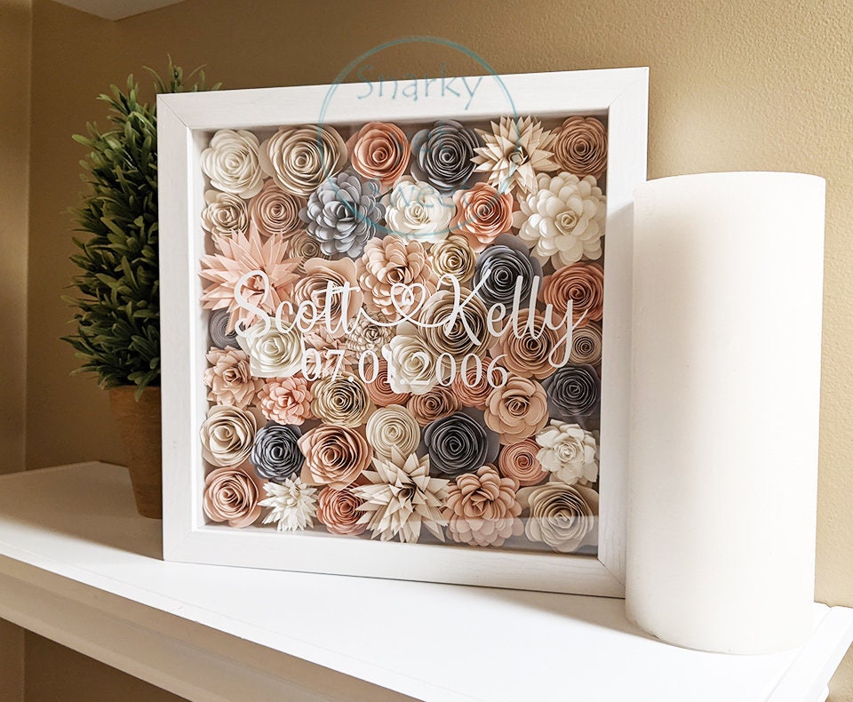 Dusty Rose Couple Names Valentine's rolled paper flower shadow box home decor
