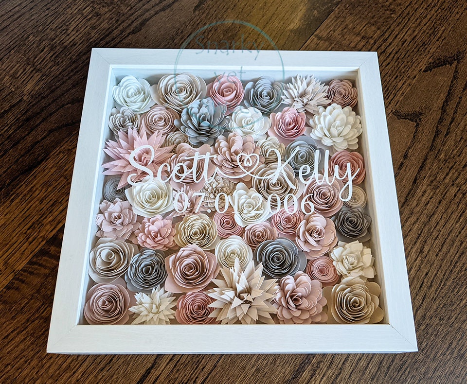 Dusty Rose Couple Names Valentine's rolled paper flower shadow box home decor