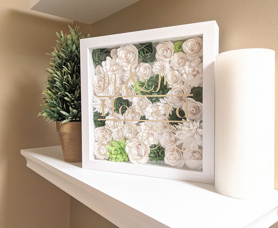 Wedding paper flower shadow box, wedding gift personalized, wedding flowers shadow box, gift for bride, paper anniversary gift,Mr & Mrs gift