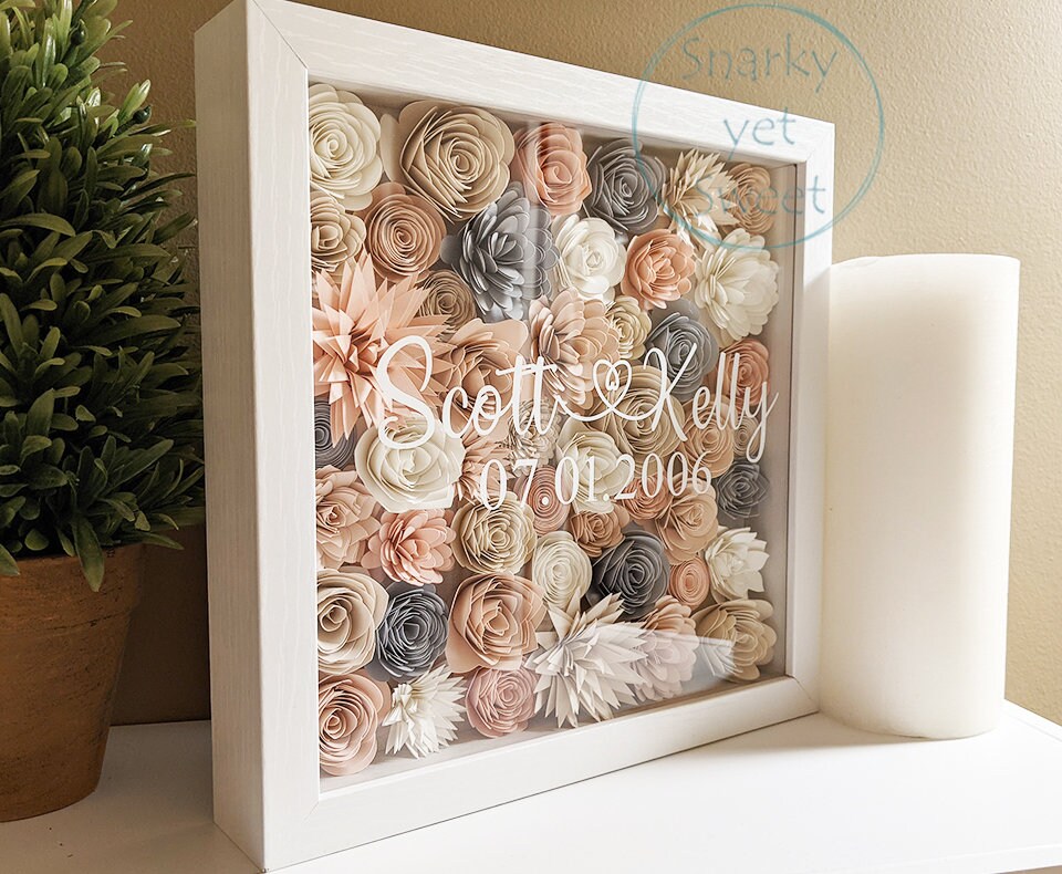 Dusty Rose Couple Names Valentine's rolled paper flower shadow box home decor