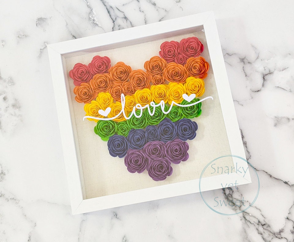 Rainbow Love, paper flower shadow box, LGBTQIA home decor, love is love sign, pride decor, gift for girlfriend lesbian, lgbtq decor