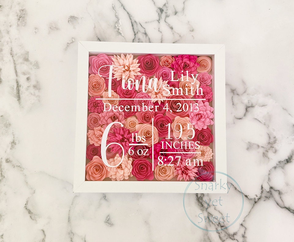 Birth stats paper flower shadow box, nursery decor, baby gift, birth stats sign, nursery paper flower wall decor, birth stats shadow box
