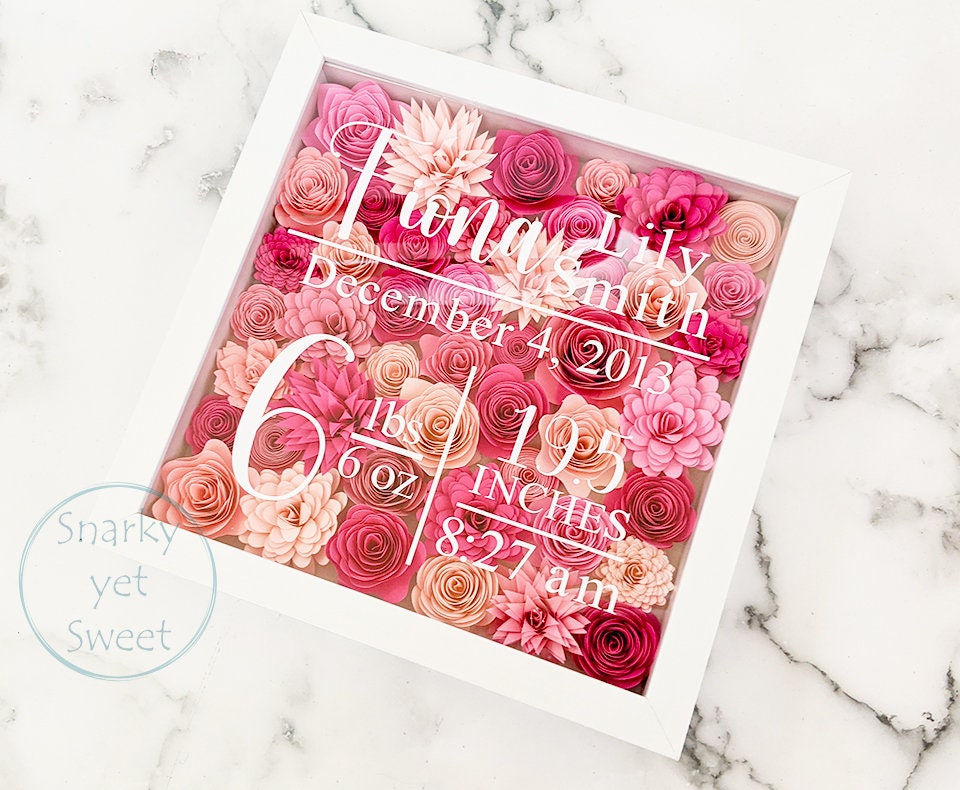 Birth stats paper flower shadow box, nursery decor, baby gift, birth stats sign, nursery paper flower wall decor, birth stats shadow box