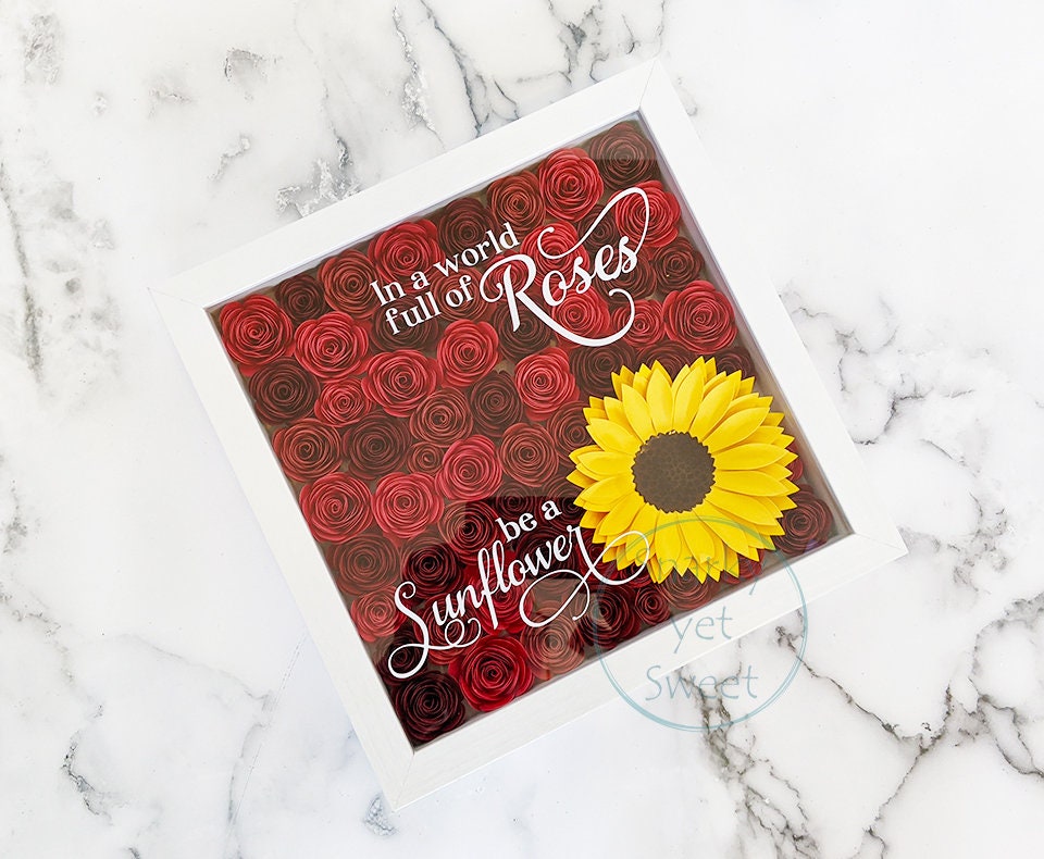 In a world full of roses paper flower shadow box, paper flower wall decor, sunflower decor, paper rose shadow box, gift for her,gift for mom