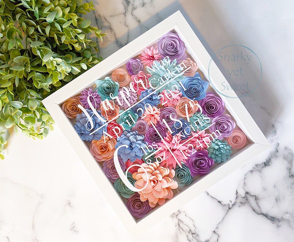 Birth stats paper flower shadow box, nursery decor, baby gift, birth stats sign, nursery paper flower wall decor, birth stats shadow box