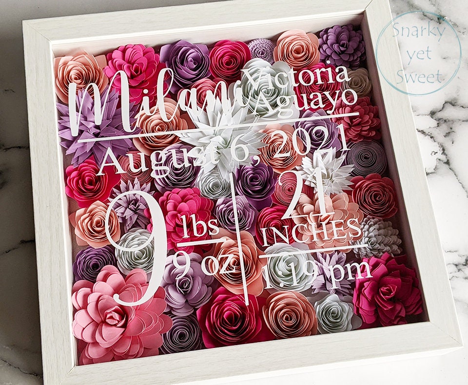 Birth stats paper flower shadow box, nursery decor, baby gift, birth stats sign, nursery paper flower wall decor, birth stats shadow box