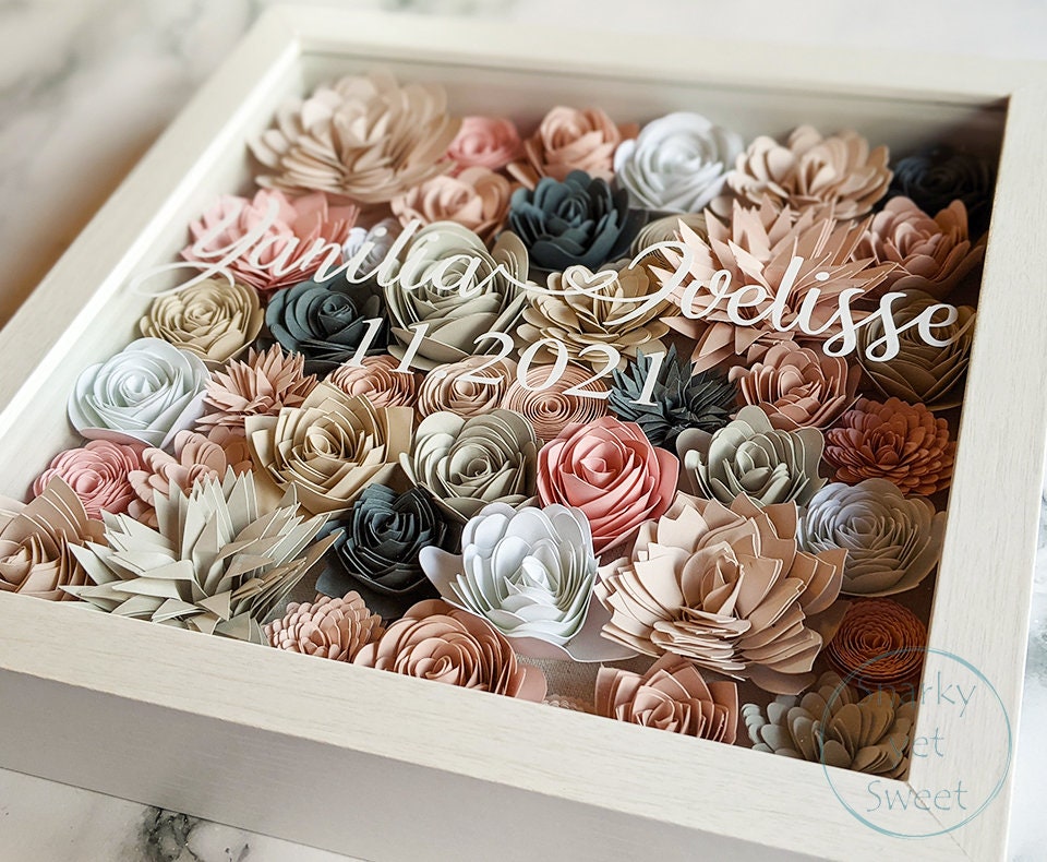 Dusty Rose Couple Names Valentine's rolled paper flower shadow box home decor